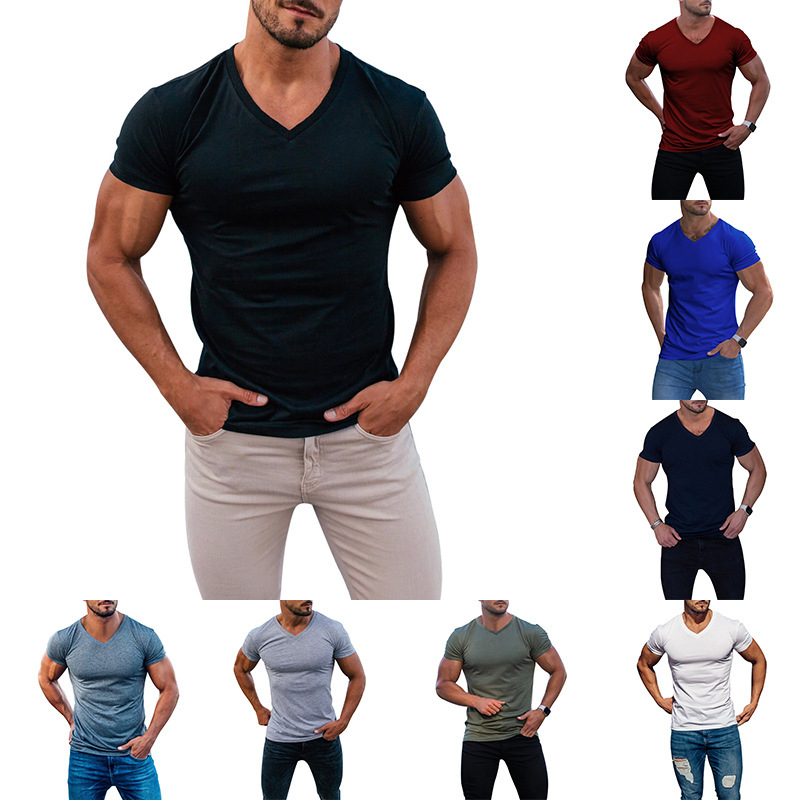 Men's V-Neck Short Sleeve Shorts Casual T-Shirt Suit Slim Male Summer Cross-border Two-piece Set Custom Men Gym Sports Sets