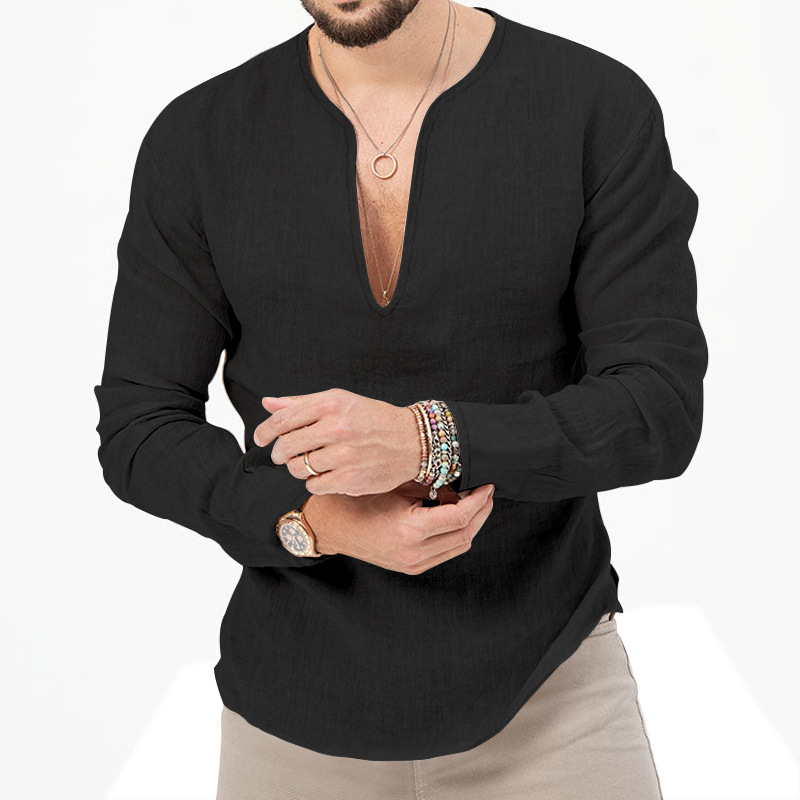 Fashion Casual Slim Brand V Neck Solid Color Long Sleeves T Shirt For Men