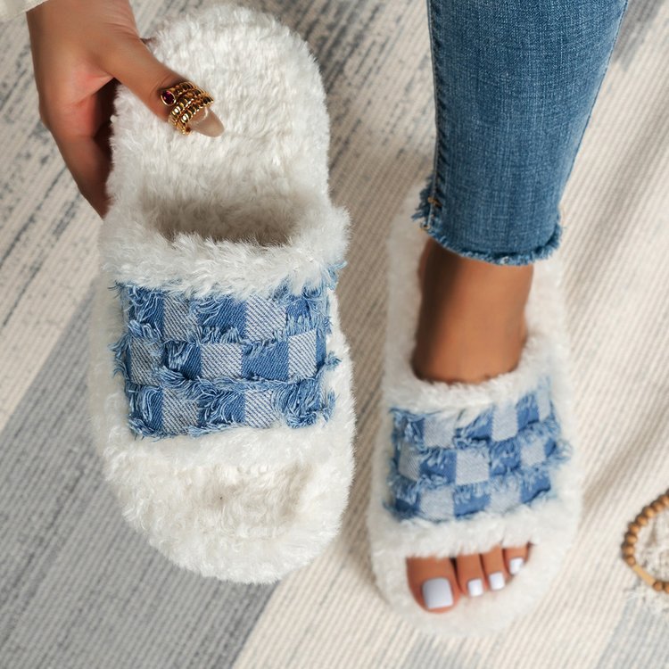 Customized Winter Plush Indoor Home Bedroom Flat Slippers Shoes Designer Slippers For Women