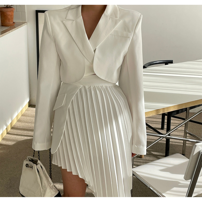 Long Sleeve Blazer Pocket Pleated Ladies 2 Piece Skirt Set Plus Size