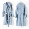 Long Sleeve Lapel Double Breasted Belt Denim Mid-Long Windbreaker Jacket 