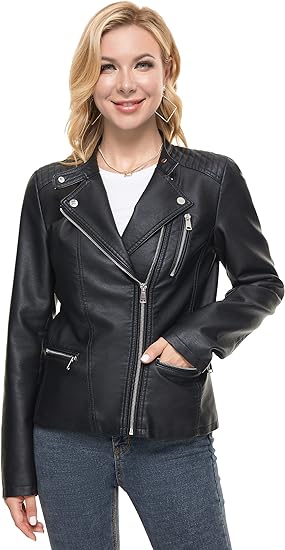 Leather Jacket for Women Faux Stand Collar Zip Up Motorcycle Short PU Moto Biker Outwear Coat