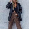 Women Leather Jacket Oversized Faux Leather Blazer Button Down Lapel Coat with Pockets Vintage Streetwear