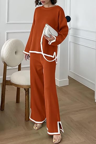 Women's 2 Piece Knit Sweater Set Casual Long Sleeve Pullover Wide Leg Pants Sweatsuit Tracksuit Outfit