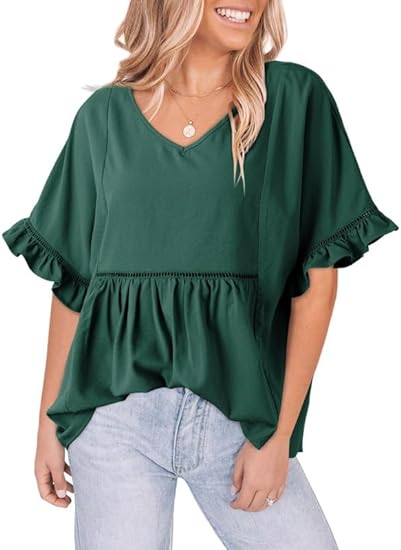 Womens Blouses Casual V Neck Ruffle Bell Half Sleeve Shirts Top