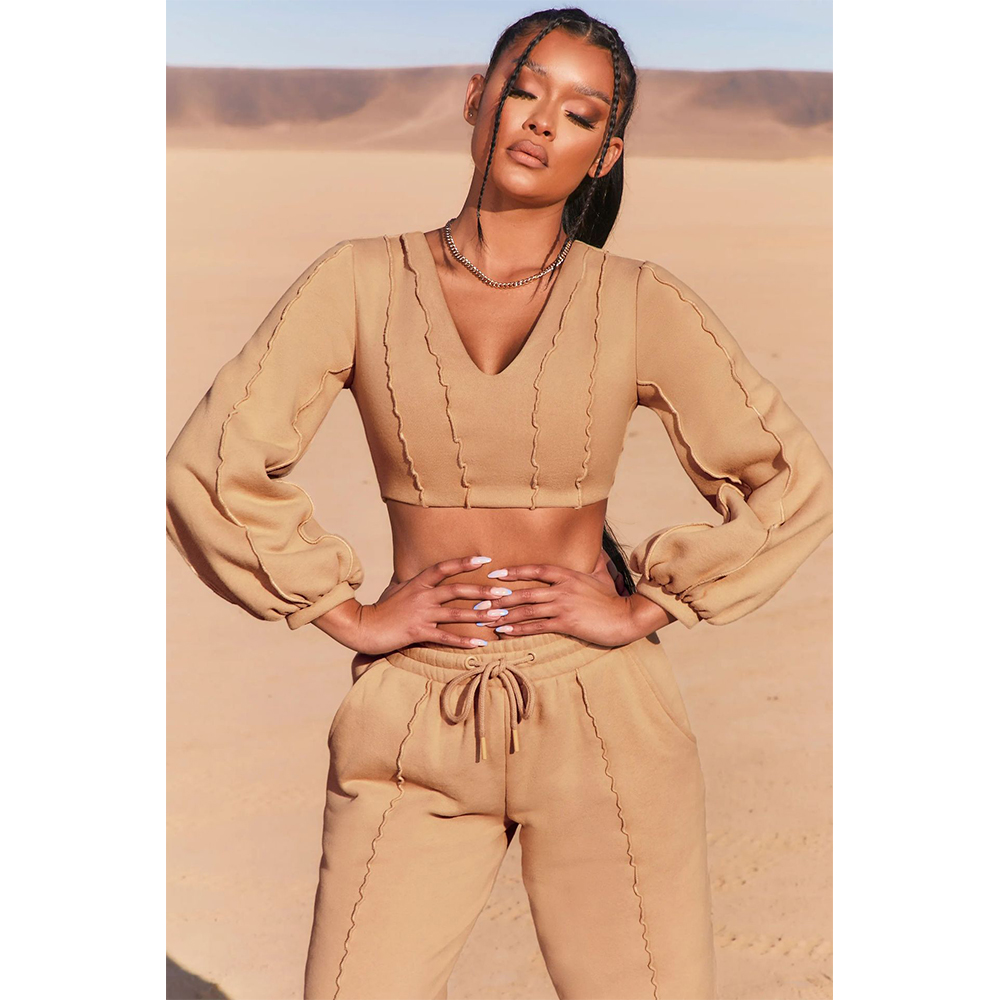 Long Sleeve V Neck Crop Top Sweat Suit + 2 Piece Sweatshirt Jogger Pants Set Women