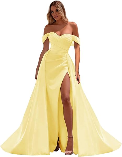 Off The Shoulder Prom Dresses Mermaid Ruched Split Ball Gowns for Women Formal Dress Long Satin