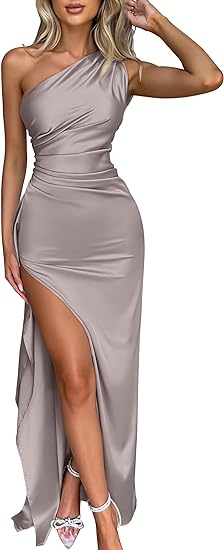 Women's Sexy One Shoulder Satin High Split Wedding Party Maxi Dress