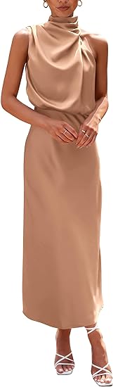Women's 2024 Summer Satin Dress Elegant Sleeveless Mock Neck Cocktail Party Maxi Dresses