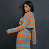 Fall Winter Women's Sets Knitted Outfits Zipper Cardigan+split Skirt Striped Sweater 2 Piece Set Women