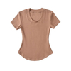 Basic Crew Neck Curve Bottom Short Sleeve Cotton Spandex Rib Stretchy Women T Shirts