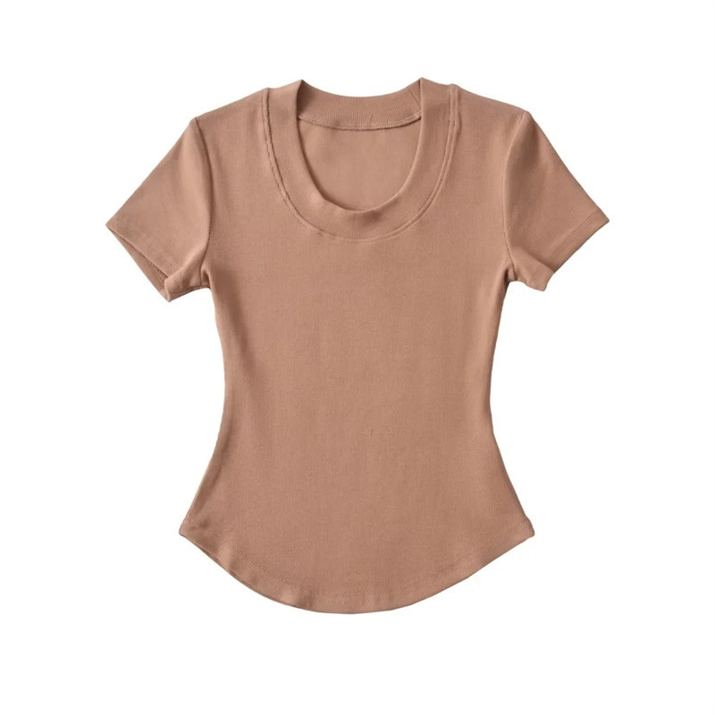 Basic Crew Neck Curve Bottom Short Sleeve Cotton Spandex Rib Stretchy Women T Shirts
