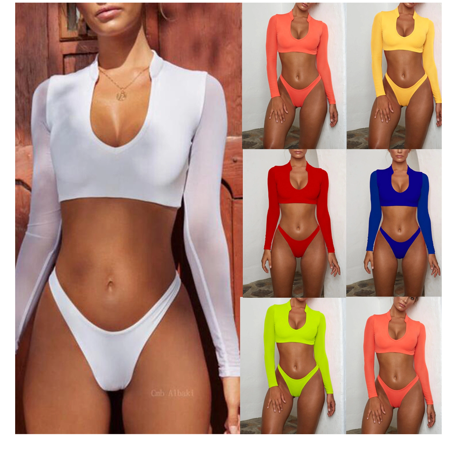 Women Sexy V-Neck Solid Color Long Sleeved Plunging Mesh Bikini Swimwear & Beachwear Custom Swimwear