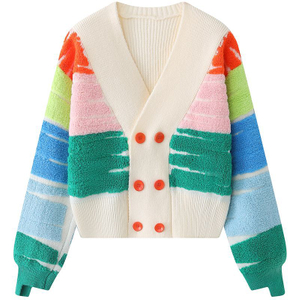 V Neck Women's Sweater Cardigan Women Warm Woolen Knit Button Front Drop Shoulder Embroidery Cardigan Sweater