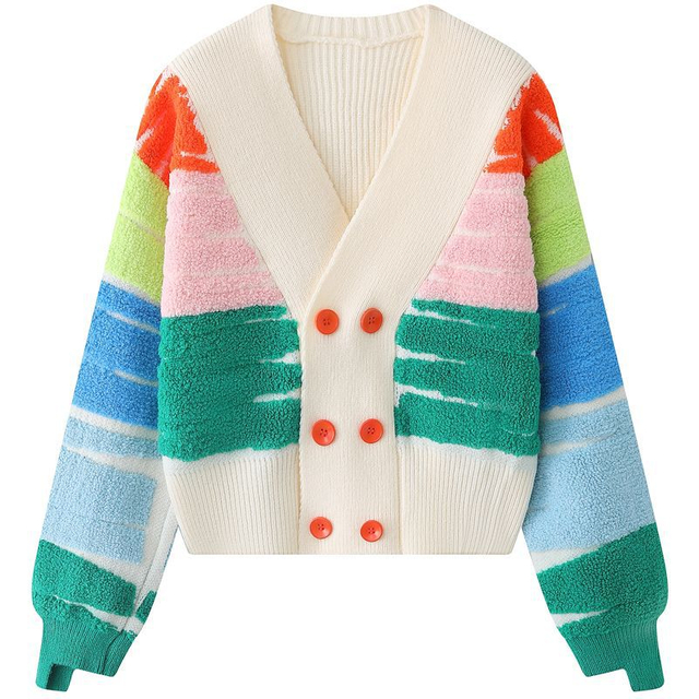 V Neck Women's Sweater Cardigan Women Warm Woolen Knit Button Front Drop Shoulder Embroidery Cardigan Sweater