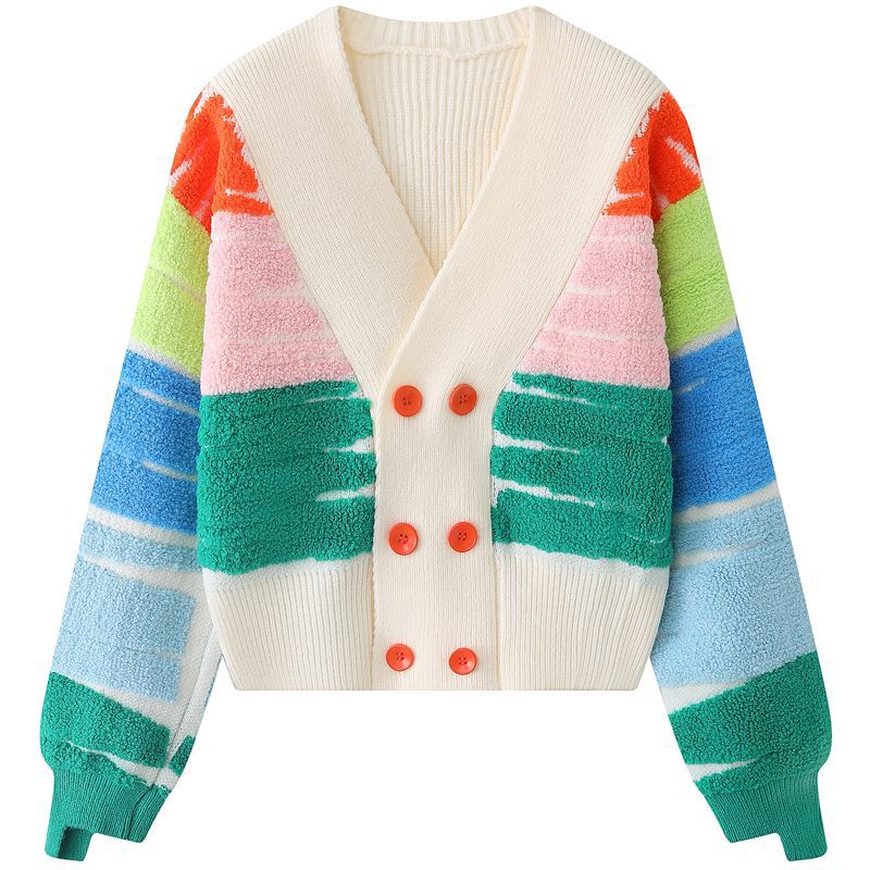 V Neck Women's Sweater Cardigan Women Warm Woolen Knit Button Front Drop Shoulder Embroidery Cardigan Sweater