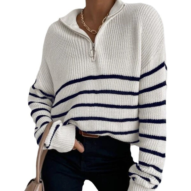 Frenchy Striped Drop Shoulder Zipper Front Long-Sleeve Women's Top Zipper Pullover Sweater
