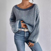 Women's Striped Casual Knitted Sweater Striped Pattern Off Shoulder Lantern Sleeve Sweater