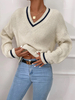 Frenchy Striped Trim Drop Shoulder Cricket V Neck Sweater