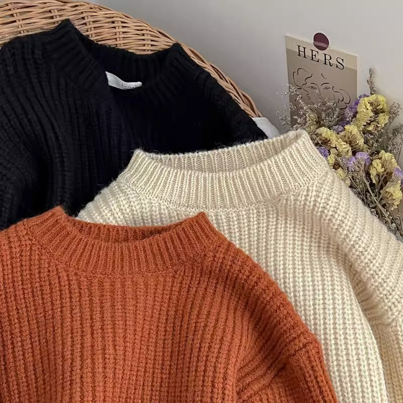 100% Cotton Custom Knit Long Sleeve Warm Baby Pullover Sweater Solid Color Toddler Girls' Wholesale for Winter Season