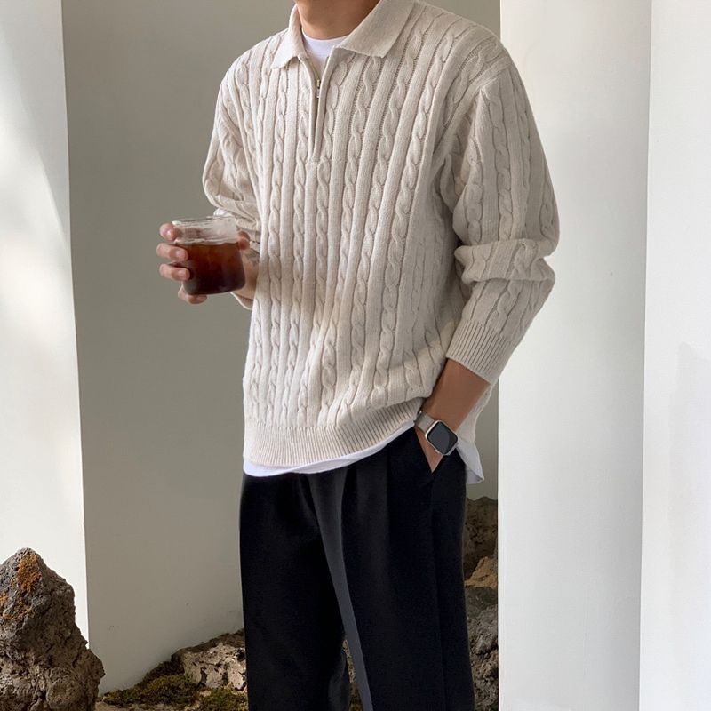 Fashionable Men Half Zipper Fleece Knitted Sweater Custom Logo Turtleneck