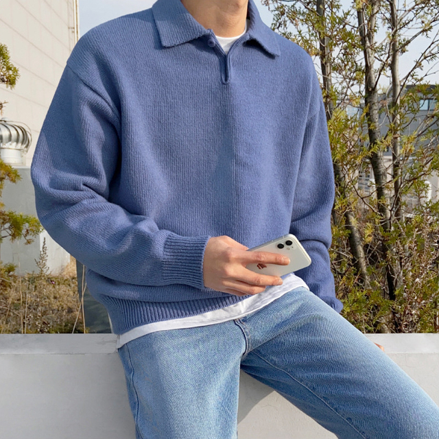 Solid Color Shirt Collar Men's Long Sleeve Casual Knit Pullover Sweatshirt Slim Fit Thermal Winter Fashion Sweater for Men