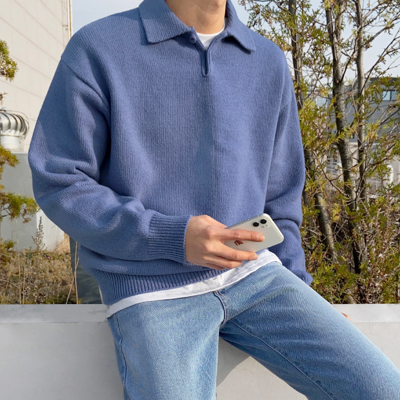 Solid Color Shirt Collar Men's Long Sleeve Casual Knit Pullover Sweatshirt Slim Fit Thermal Winter Fashion Sweater for Men