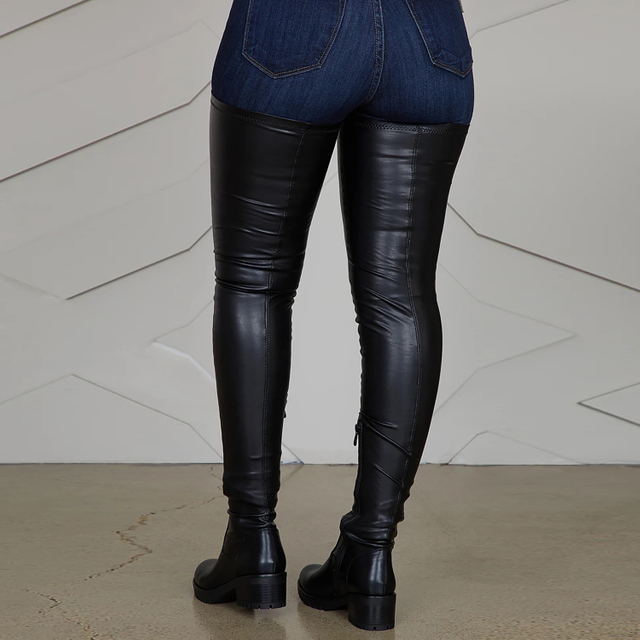 Women's Long Low Chunky Pu Heel Red Black over The Knee Stretch Women Boots