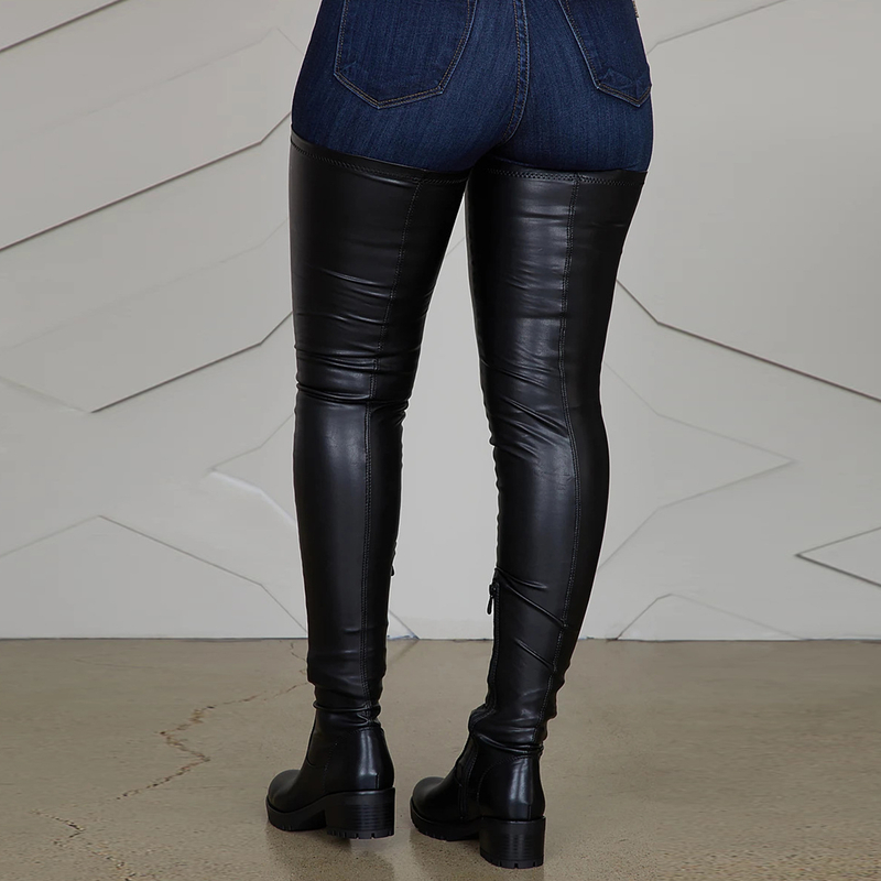 Women's Long Low Chunky Pu Heel Red Black over The Knee Stretch Women Boots