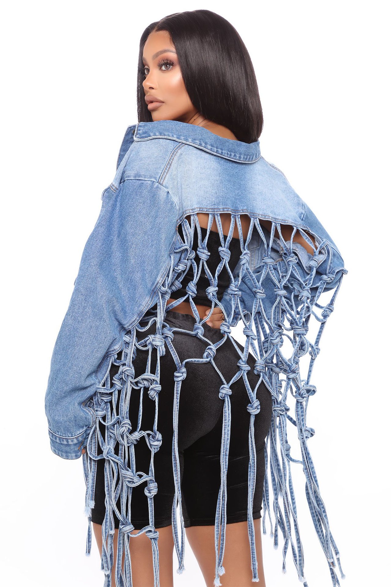 Trendy Backless Tassel Short Denim Jacket Hollow Out Jacket Jean Woman Mesh Denim Jacket Girl