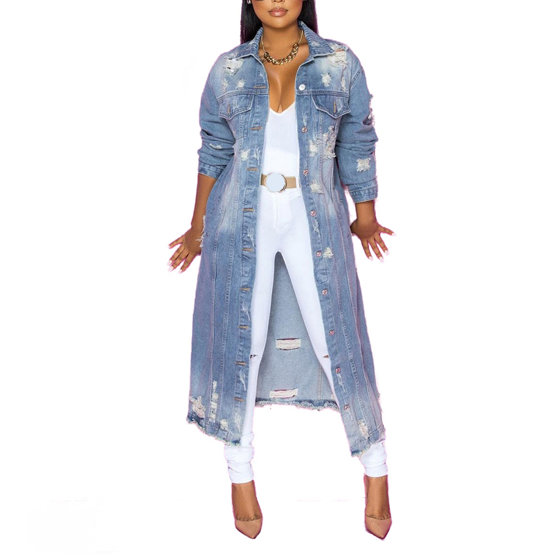 Winter Ripped Denim Cardigan Coat Turn Down Collar Long Jacket Fashion Ladies Long Denim Coat