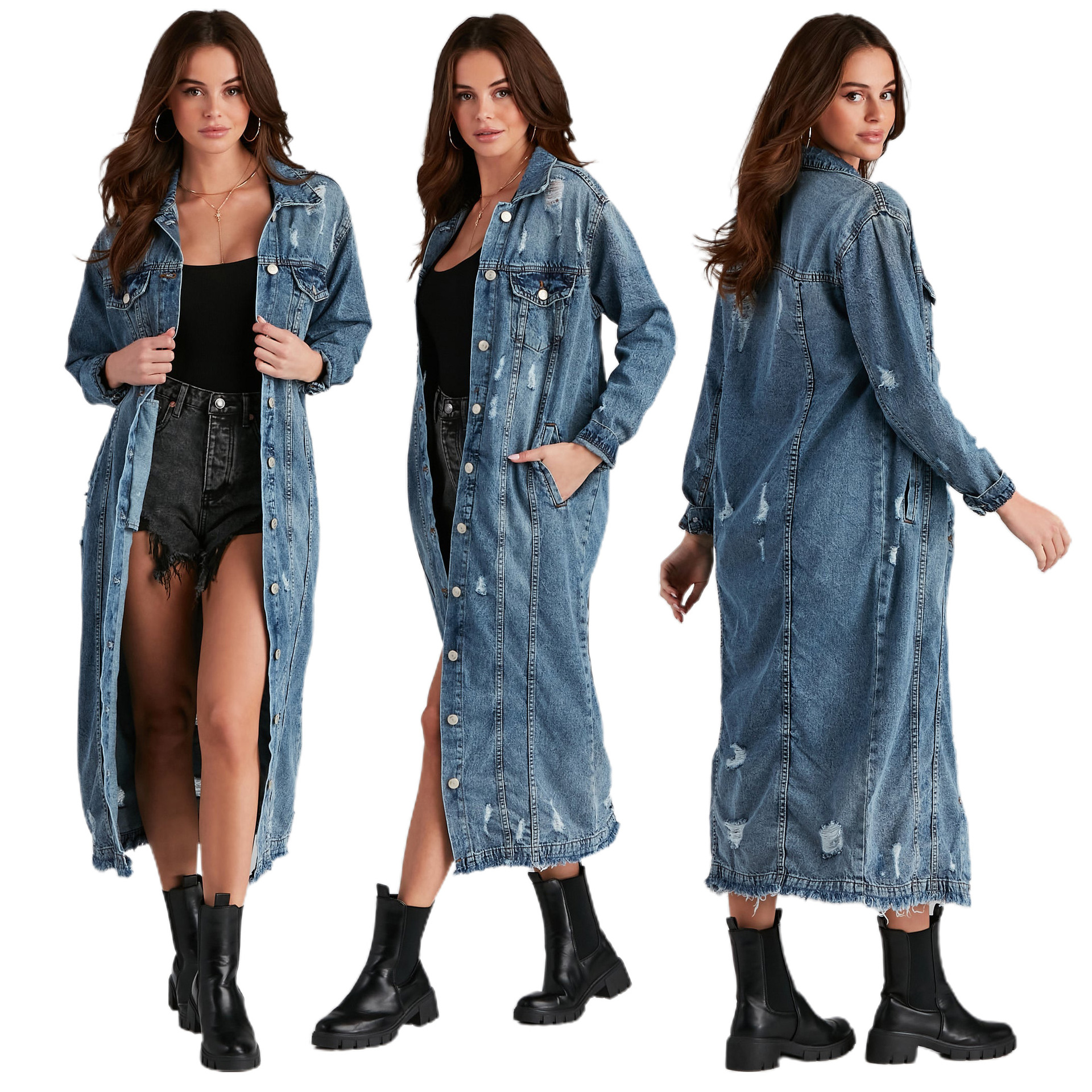 Plus Size Denim Jacket Women's Solid Color Tassel Breasted Ripped Hole Long Denim Trench Coat
