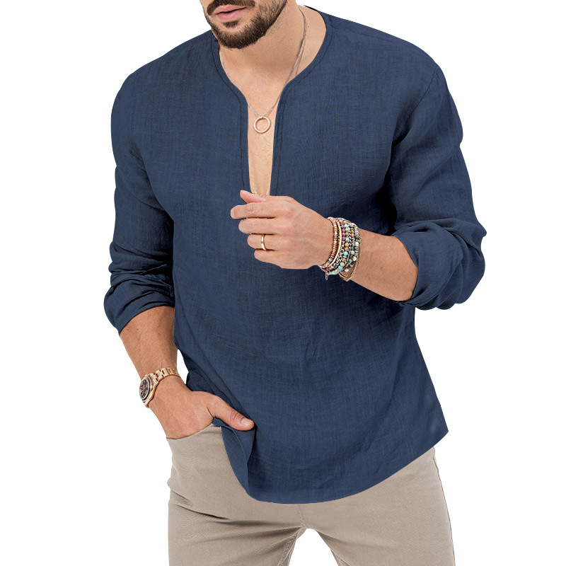 Fashion Casual Slim Brand V Neck Solid Color Long Sleeves T Shirt For Men