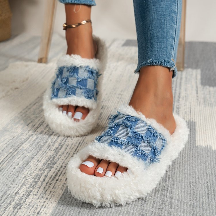 Customized Winter Plush Indoor Home Bedroom Flat Slippers Shoes Designer Slippers For Women
