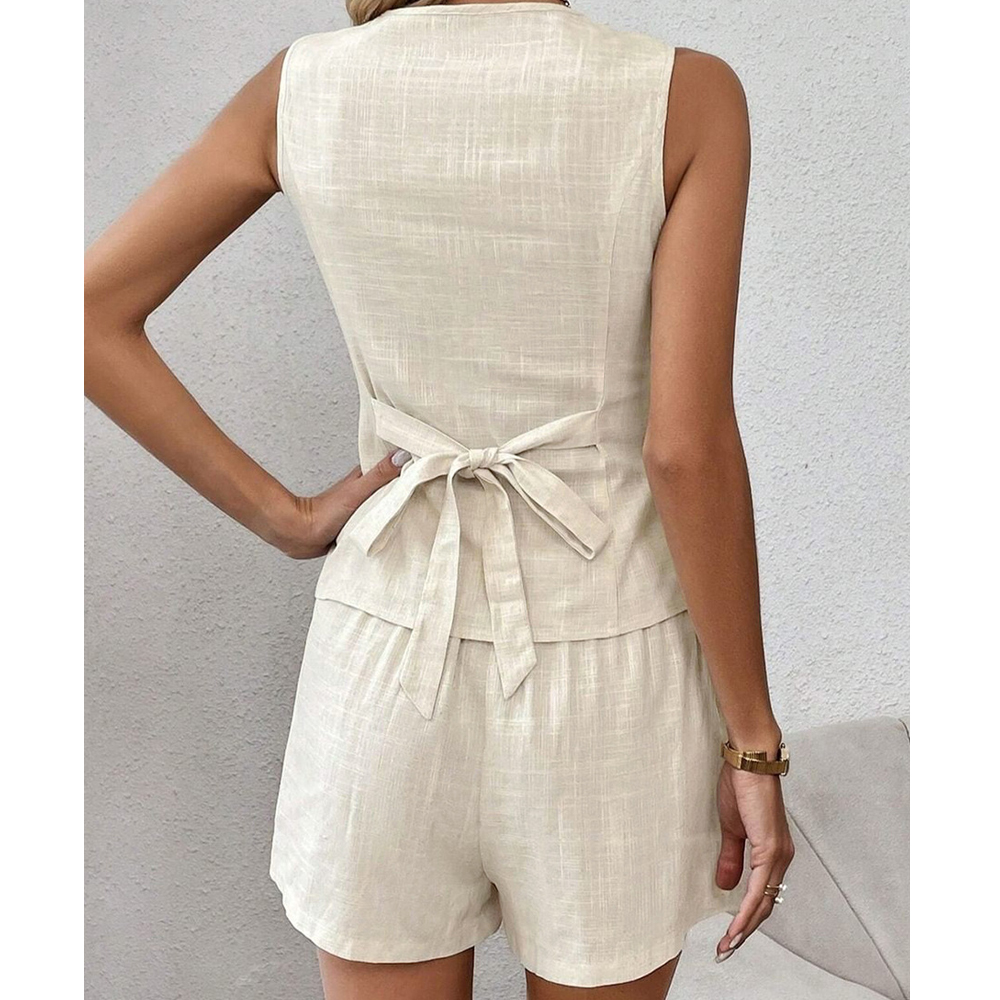 Cotton And Linen Commuter Style Casual Sleeveless Vest Shorts Suit Summer Fashion Khaki Women's Two-Piece Suit