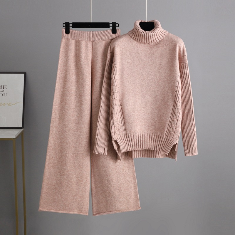  Sweater Wide Leg Pants Turtleneck Heavy Sweater Two Piece Set Women Clothing