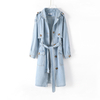 Long Sleeve Lapel Double Breasted Belt Denim Mid-Long Windbreaker Jacket 