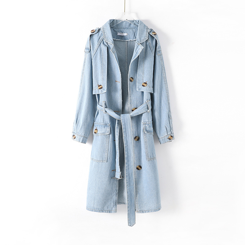 Long Sleeve Lapel Double Breasted Belt Denim Mid-Long Windbreaker Jacket 
