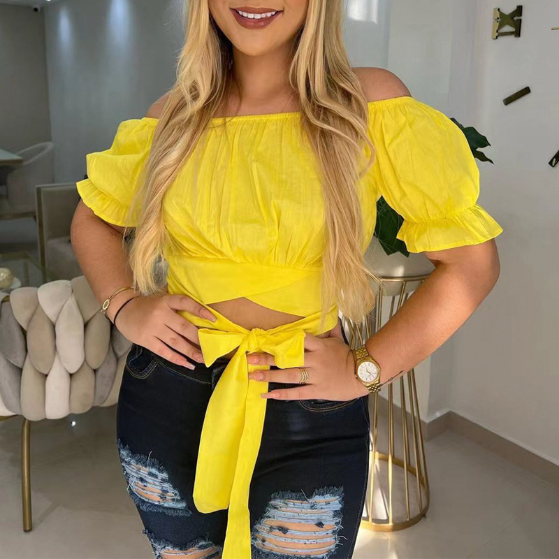 Square Collar Short Sexy Backless Top For Women Cut Out Knot Front Puff Sleeve Crop Blouse