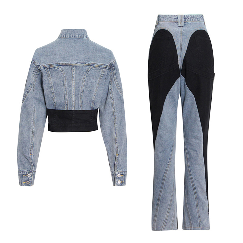 Winter Lady Coat Streetwear Black Patchwork Denim Jeans Women's Jacket