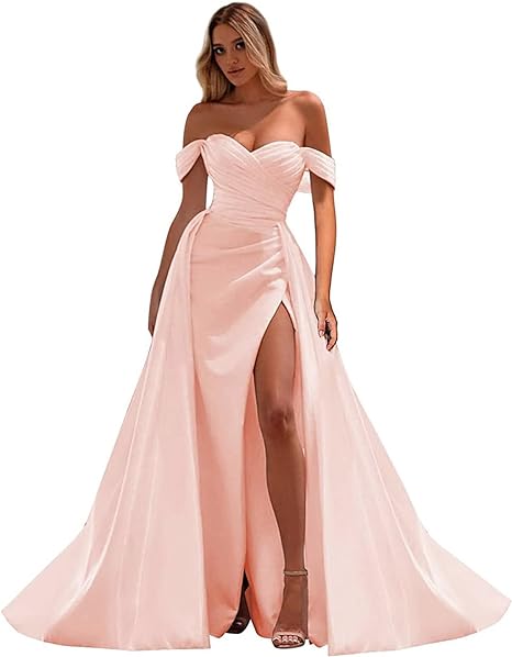 Off The Shoulder Prom Dresses Mermaid Ruched Split Ball Gowns for Women Formal Dress Long Satin