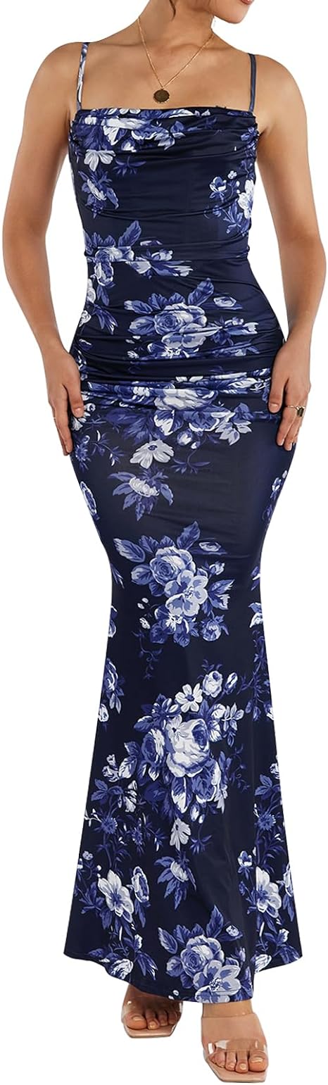  Women Maxi Dress Sleeveless Cowl Neck Summer Ruched Bodycon High Slit Formal Dresses
