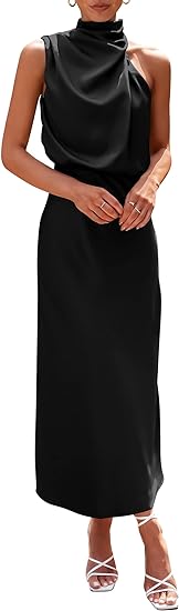 Women's 2024 Summer Satin Dress Elegant Sleeveless Mock Neck Cocktail Party Maxi Dresses