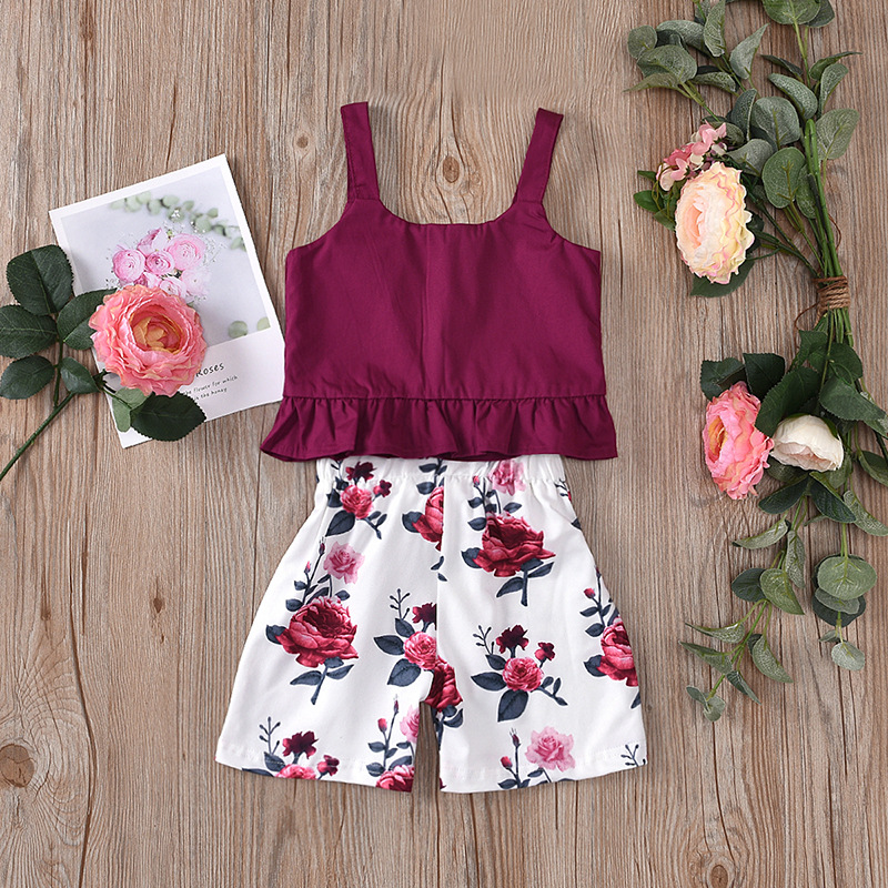 Girls Sets Summer Flower Sling Romper T-shirt+Solid Shorts 2PCS Kids Suit Children Clothes