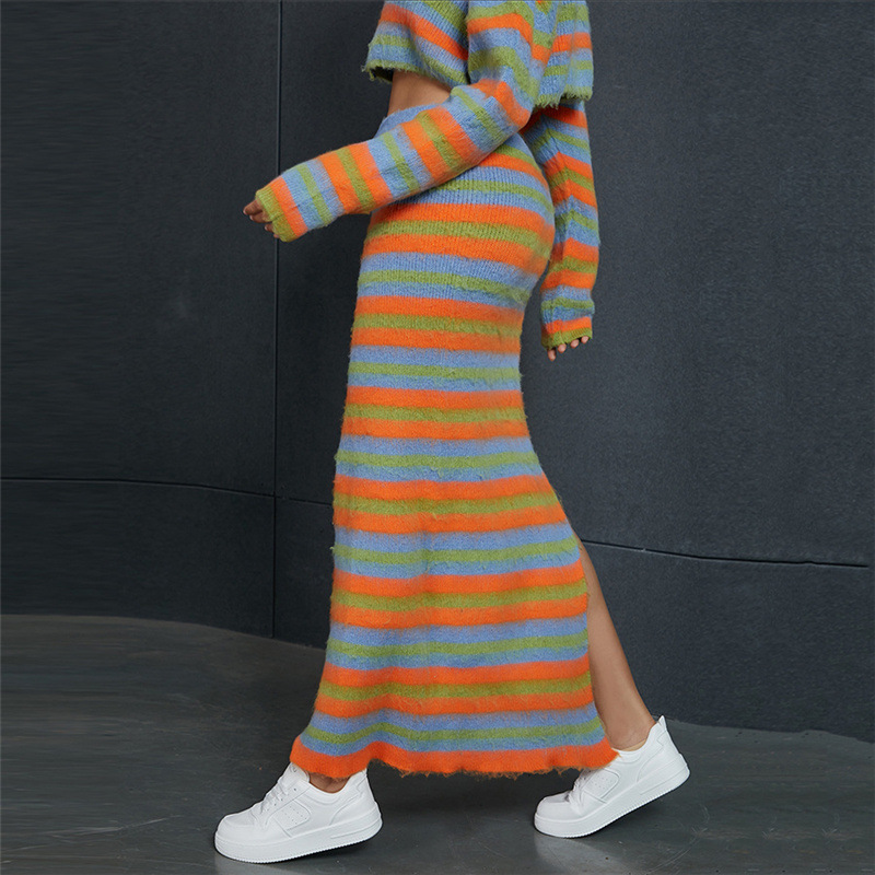 Fall Winter Women's Sets Knitted Outfits Zipper Cardigan+split Skirt Striped Sweater 2 Piece Set Women