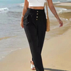  Solid Color High Waist Casual Button Cotton Linen Wide Leg Pants Women's Pants