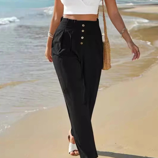  Solid Color High Waist Casual Button Cotton Linen Wide Leg Pants Women's Pants