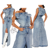 Denim Vintage Skirt Outfits Sexy Women Two Pieces Jeans Casual Matching Set Top+Split Skirts