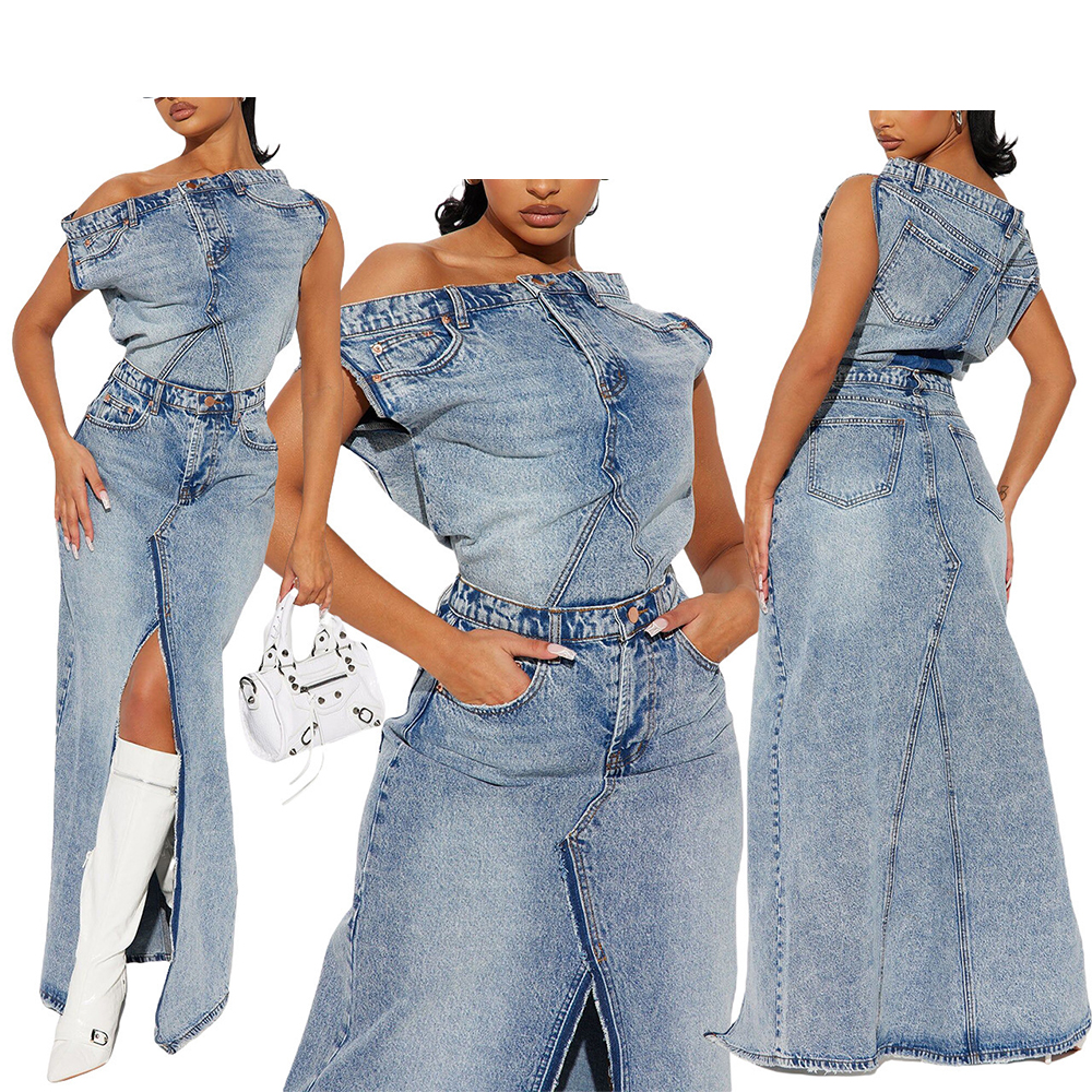 Denim Vintage Skirt Outfits Sexy Women Two Pieces Jeans Casual Matching Set Top+Split Skirts