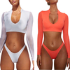 Women Sexy V-Neck Solid Color Long Sleeved Plunging Mesh Bikini Swimwear & Beachwear Custom Swimwear